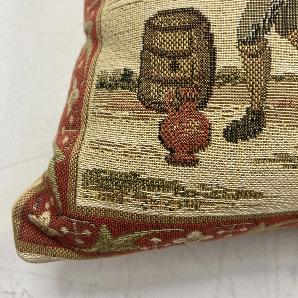 Vtg Scottish Tapestry Throw Pillow Crewel Cottage‎ Scene 13 X13
